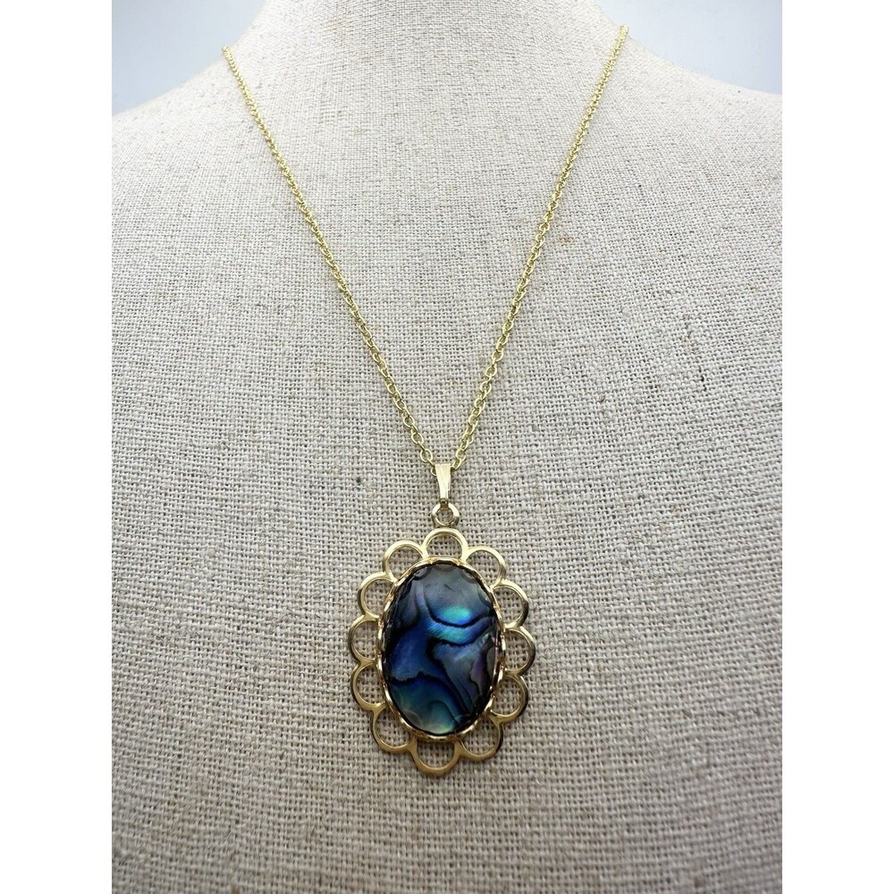 Vintage Gold Tone Abalone Shell Pendant Necklace 18”